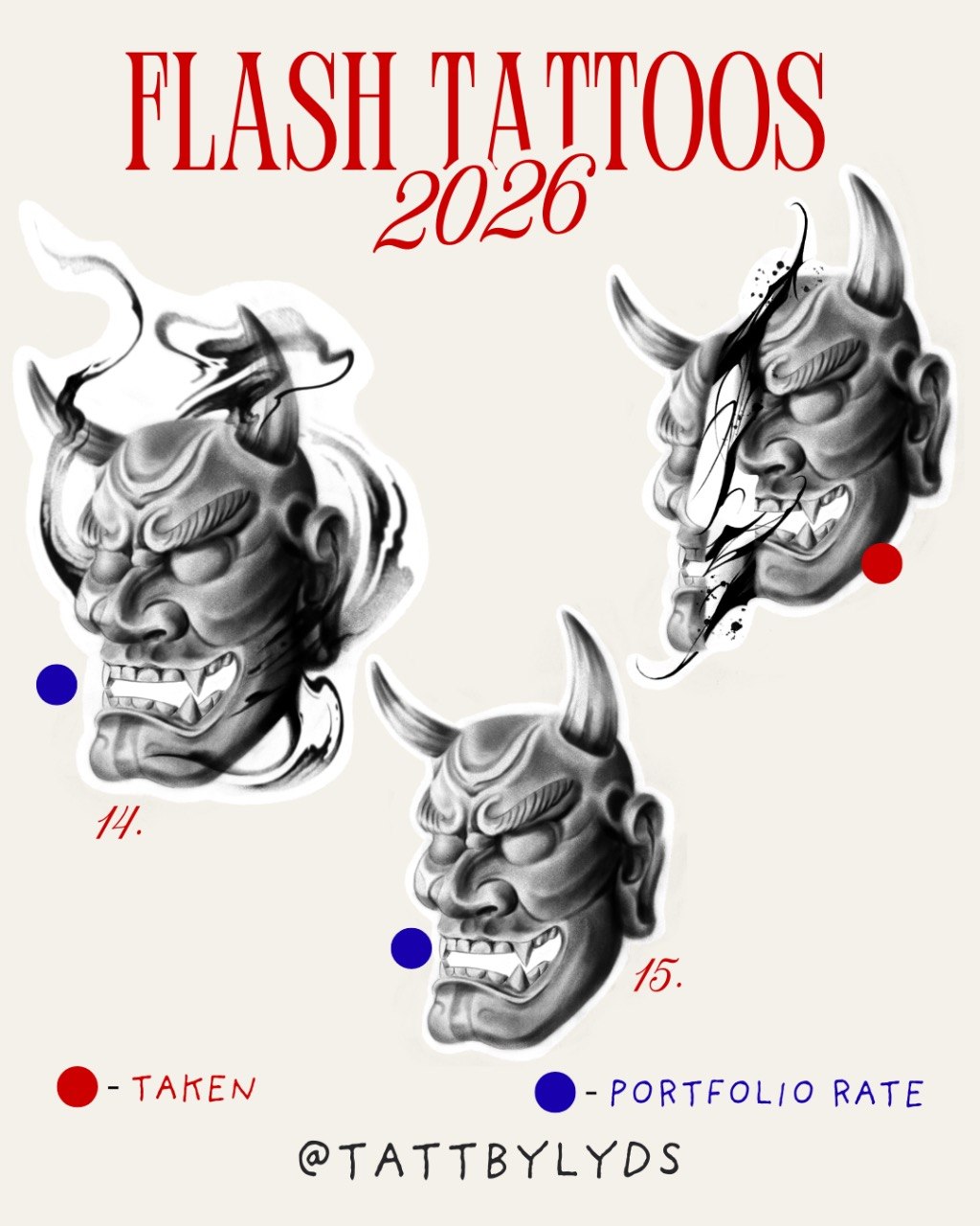 Flash tattoos 2026 — designs 14-15: Hannya mask demons