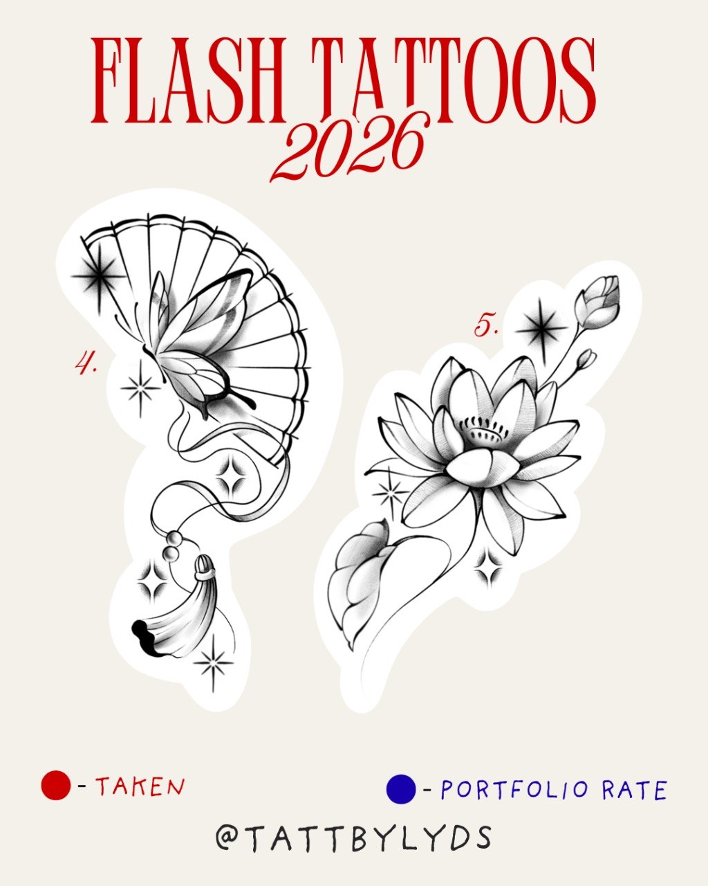 Flash tattoos 2026 — designs 4-5: fan butterfly and lotus