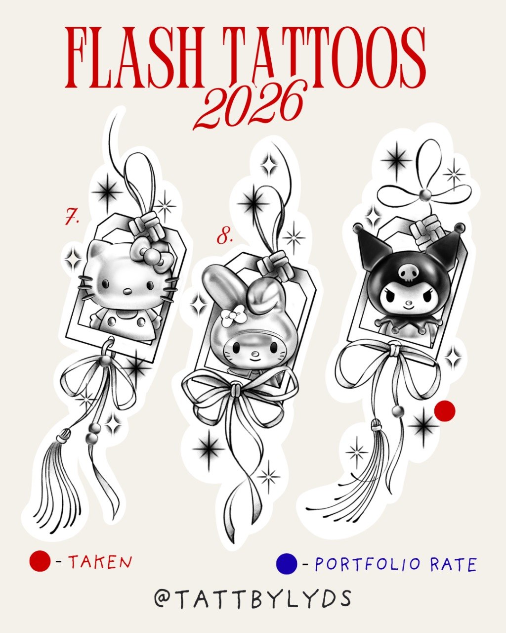 Flash tattoos 2026 — designs 7-8: Hello Kitty and Kuromi charms