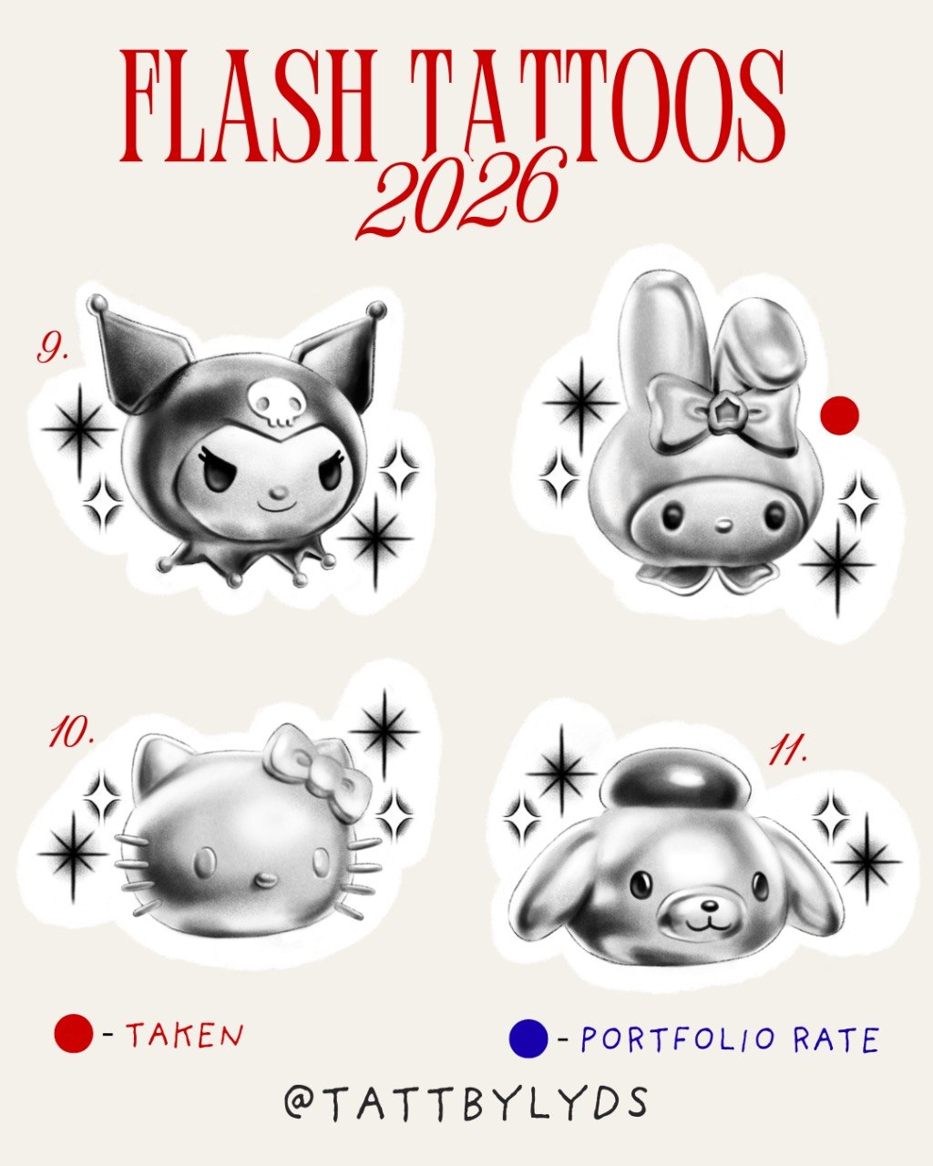 Flash tattoos 2026 — designs 9-11: Sanrio chrome characters